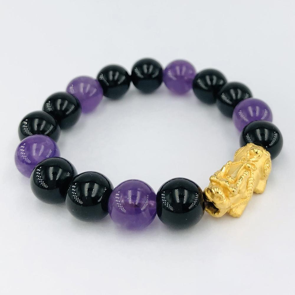 Purple Amethyst Crystal 8mm Beads 24K Premium Gold Plated Pixiu