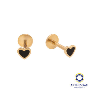 Arthesdam Jewellery 14K Gold Dainty Black Heart Earrings (Flat-back)