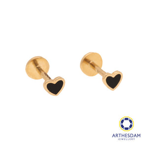 Arthesdam Jewellery 14K Gold Dainty Black Heart Earrings (Flat-back)